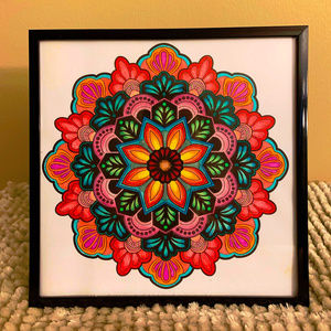 Hand Colored Mandala Wall Art  in Black Frame